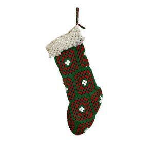 Handmade Granny Square Christmas Stocking XL Vintage 1980s Green, Red, White